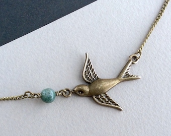Bronze Bird Necklace, Swallow Pendant, Antique Bronze, Vintage Necklace, Green Bead, Cute Necklace, Bird Lover, Boho Necklace, In the UK