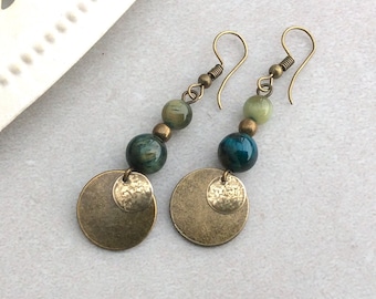 Blue Green Cats Eye Earrings, Bronze Disc Earrings, Boho Drops, Bohemian Earrings, Hammered Discs, Earthy Tones, Unique Dangles, Ethnic, UK