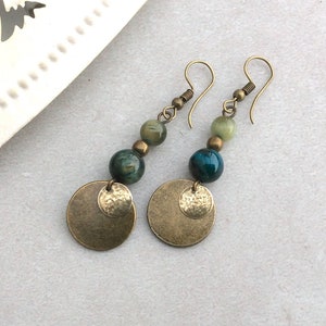 Blue Green Cats Eye Earrings, Bronze Disc Earrings, Boho Drops, Bohemian Earrings, Hammered Discs, Earthy Tones, Unique Dangles, Ethnic, UK