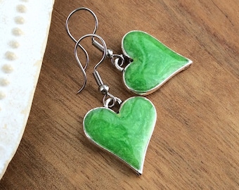 Green Heart Earrings, Heart Drop Earrings, Large Silver Heart, Lime Earrings, Bright Jewellery, Resin Earrings, Bridesmaid Gift, UK