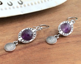 Short Amethyst Drops, Silver Bohemian Earrings, Geometric Boho Earrings, Dark Purple Earrings, Ethnic Ornate Drops, Natural Stones, UK