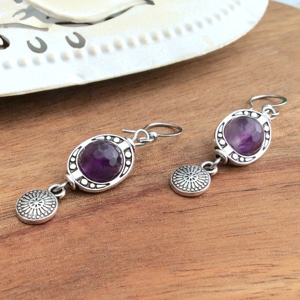 Short Amethyst Drops, Silver Bohemian Earrings, Geometric Boho Earrings, Dark Purple Earrings, Ethnic Ornate Drops, Natural Stones, UK