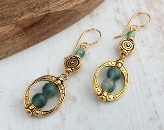 Gold Boho Earrings, Brass Long Earrings, Green Bead Drop Earrings, Bohemian Jewellery, Ethnic, 14K Gold Ear Wires, UK, Unique, Bright Gold