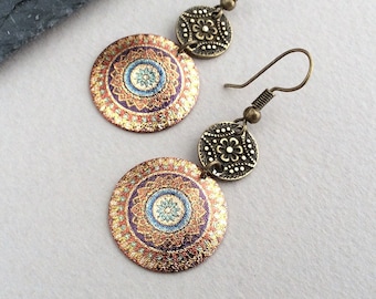 Mandala Earrings, Vintage Bronze, Boho Jewellery, Zen Yoga, Moroccan Earrings, Bohemian Earrings, Ethnic Style, Tribal Motif, Gold Earrings