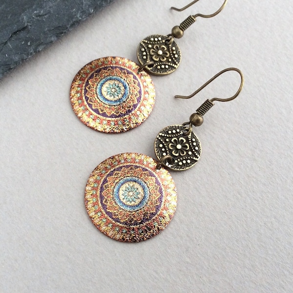 Mandala Earrings, Vintage Bronze, Boho Jewellery, Zen Yoga, Moroccan Earrings, Bohemian Earrings, Ethnic Style, Tribal Motif, Gold Earrings