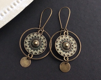 Bronze Boho Earrings, Circle Earrings, Kidney Wires, Vintage Drop Earrings, Bohemian Disc Earrings, Festival, Ethnic Jewellery, Hoops, UK
