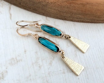 Blue Glass Bead, Elegant Drop Earrings, Gold Geometric Earrings, Brass Charm Earrings, 14K Gold Wires, Hypoallergenic, UK