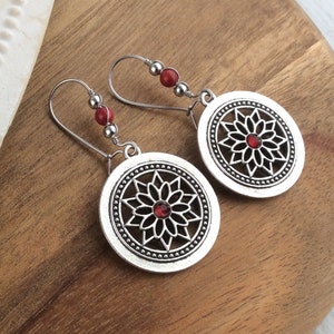 Silver Mandala Charm Earrings, Red Bead, Latch Back, Kidney Wires, Flower, Bright Red, Bohemian, Boho, Wire Wrapped, UK, Secure, Unique image 2