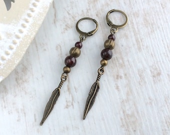 Garnet Earrings, Boho Feather Earrings, Lever back Earrings, Bronze Earrings, Tribal Earrings, Single Earring or Pair, Hippy Festival, UK