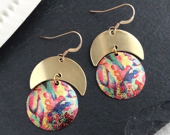 Bright Earrings, Boho Earrings UK, Brass Crescent Moon, Gold Disc, Multicolour, Abstract Art, Coin Earrings, Colourful, Light Earrings