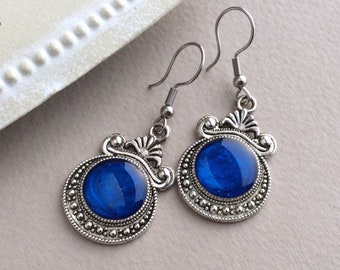 Bright Blue Earrings, Blue Drop, Antique Silver Earrings, Vintage Earrings, Victorian, Resin, Elegant Earrings, In UK, Unique, Ornate