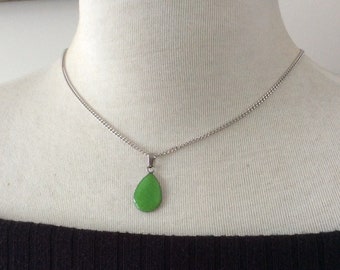 Lime Green Teardrop Necklace, Bright Pendant, Cute Necklace, Layering, Short Simple Necklace, Silver Teardrop, Black Leather Cord, UK