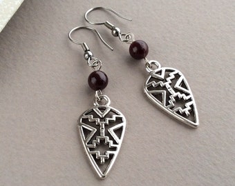 Aztec Earrings, Ethnic Earrings, Boho Earrings in the UK, Tribal Earrings, Sterling Silver Drop Earrings, Long Drop, Large Earrings, Garnet