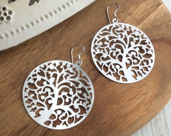 Tree of Life Earrings, Silver Filigree Earrings, Boho Earrings, Large Bohemian, Lightweight, Big Earrings, Bohemian, Mirror, Big Circle, UK