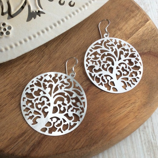 Tree of Life Earrings, Silver Filigree Earrings, Boho Earrings, Large Bohemian, Lightweight, Big Earrings, Bohemian, Mirror, Big Circle, UK