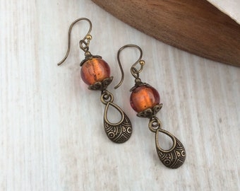 Amber Glass Bead Earrings, Antique Bronze Drop Earrings, Vintage Style, Bohemian Boho, Leverback Earrings, Rustic Bronze, Orange Copper Bead