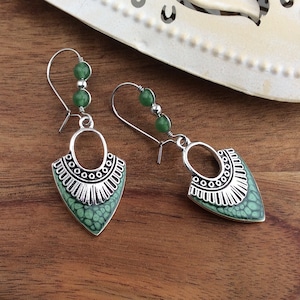 Silver Boho Earrings, Egyptian Earrings, Boho Jewellery, Green Beads, Stainless Steel Kidney Wires, Latch Back Earrings, Secure, UK Bohemian