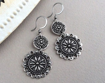 Silver Flower Earrings, Boho Earrings, Antique Silver, Vintage Disc Style, Bohemian Earrings, Sterling Silver, Stainless Steel, Round Ethnic