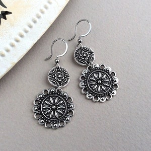 Silver Flower Earrings, Boho Earrings, Antique Silver, Vintage Disc Style, Bohemian Earrings, Sterling Silver, Stainless Steel, Round Ethnic