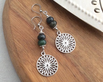 Green Drop Earrings, Dark Green, Flower Earrings, Sterling Silver, Boho, Bohemian Earrings, Floral Charm, Beaded Drop Earrings, UK, Unique