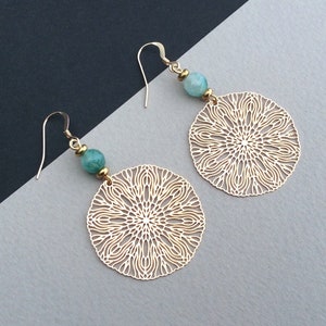 Gold Mandala Earrings, Ethnic Earrings, Bohemian, Boho, Green, 14K Gold Wires, Flower Earrings, Hypoallergenic, Light, Disc, Round, UK