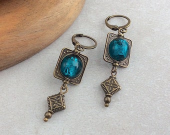 Bright Blue Earrings, Boho Bronze Earrings, Bohemian Dangles, Tribal, Ethnic, Festival, Glass Foil Bead Drops, Golden Brown, Green, UK