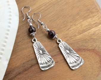 Dark Red Garnet Earrings, Rustic Ethnic, Silver Boho Earrings, Festival, Dangle Bohemian Earrings, Sunburst, Vintage, UK