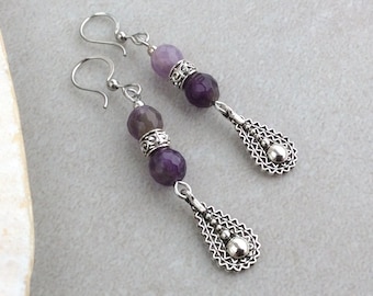 Amethyst Bead Earrings, Simple Bead Drops, Antique Silver, Silver Teardrop Earrings, Dangle, Dangly, Silver Boho Earrings, Elegant Long Drop