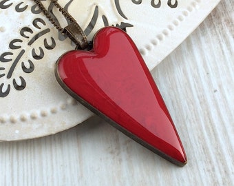 Large Heart Necklace, Bright Red Pendant, Bronze Pendant, Long, Bronze Heart Necklace, Long Necklace, Large Pendant, Big Pendant, Resin