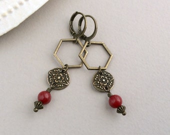 Red Bronze Earrings, Geometric Earrings, Bronze Hexagon, Boho Earrings, Bohemian Jewellery, Leverback Hooks, Mandala Drops, Polygon, Ethnic