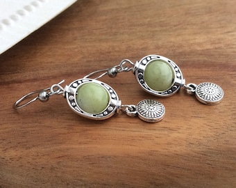 Short Green Drops, Silver Bohemian Earrings, Geometric Boho Earrings, Pale Green Earrings, Ethnic Ornate Drops, Apple Green Stones, UK