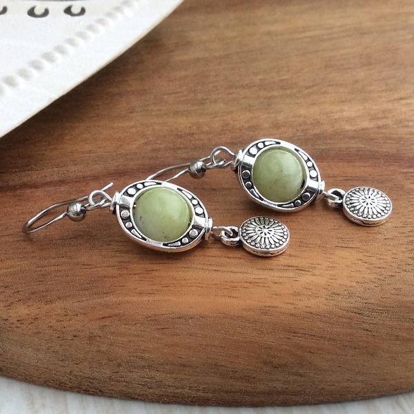 Short Green Drops, Silver Bohemian Earrings, Geometric Boho Earrings, Pale Green Earrings, Ethnic Ornate Drops, Apple Green Stones, UK