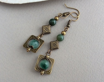 Boho Earrings, Bohemian Jewellery, Bronze Earrings, Long Earrings, Green, Geometric, Long Drop, Tribal Earrings, Ethnic Earrings, Bead