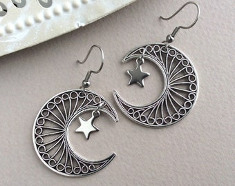 Moon Earrings, Star Earrings, Celestial, Silver Filigree Moon, Large Light Earrings, Space Earrings, Sterling Silver, Big Crescent Moon, UK