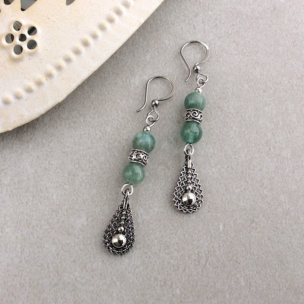 Green Bead Earrings, Silver Teardrop Earrings, Dangle Earrings, Silver Boho Earrings, Ethnic Festival, Simple Bead Drops, Antique Silver, UK