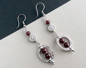 Garnet Earrings, Bohemian Jewellery, Silver Earrings, Long Earrings, Dark Red, Gemstone, Long Drop, Tribal Earrings, Ethnic Earrings, Bead