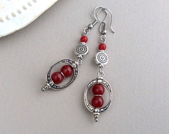 Red Boho Earrings, Ethnic Earrings, Silver Bohemian Earrings, Long Festival Earrings, Bright Red, Blood Red, Earrings, Sterling Silver, UK