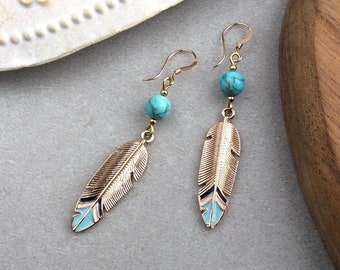 Gold Feather Earrings, Turquoise Howlite Beads, Blue and Gold, 14K Gold Filled Ear Wires, Boho Drops, Bohemian Style, Tribal, Festival Vibes