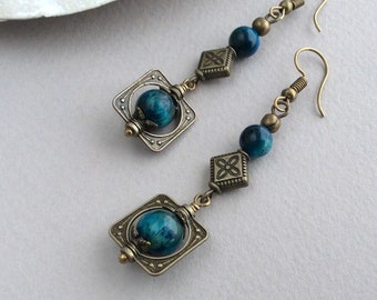 Bohemian Earrings, Boho Jewellery, Bronze Earrings, Long Earrings, Deep Blue, Geometric, Long Drop, Tribal Earrings, Ethnic Earrings, Bead