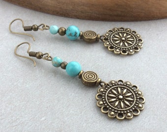 Bronze Mandala, Small Mandalas, Flower Earrings, 14K Gold Filled Ear Wires, Boho Earrings, Bohemian, Long Drop, Large Dangles, UK