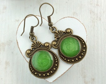 Green Drop Earrings, Antique Earrings, Bronze Earrings, Vintage Earrings, Ornate Green Necklace, Bright Green, Lime Green, Necklace Set