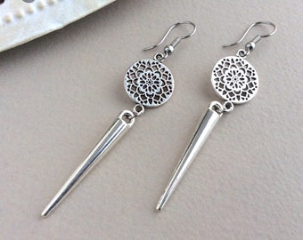 Silver Spike Earrings, Antique Silver, Gothic Earrings, Gothic, Goth, Long, Hypoallergenic, Stainless Steel, Punk, Dagger, Stake, Vampire