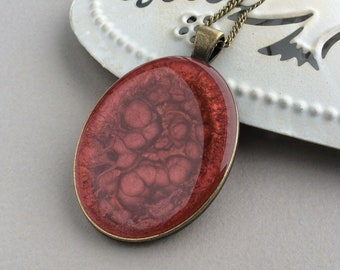 Large Red Pendant, Jumper Necklace, Resin Pendant, Fluid Art, Large Necklace, Large Pendant, Oval Pendant, Big Pendant, Russet Red, Dark Red