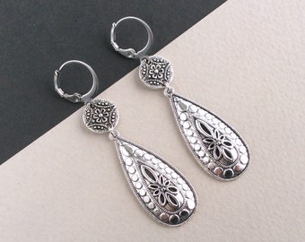 Boho Teardrop Earrings, Simple Earrings, Leverback Earrings, Antique Silver Earrings, Elegant Earrings, Charm Earrings, Bohemian, UK