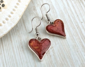 Heart Drop Earrings, Red Heart Earrings, Red Jewellery, Bridesmaid Gift, Resin Earrings, Large Hearts, Silver Heart Earrings, UK