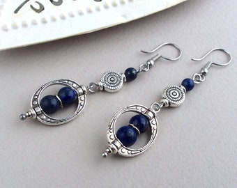 Lapis Lazuli Earrings, Boho Ethnic Earrings, Silver Bohemian Earrings, Dark Blue Oval, Tribal, Deep Blue Bead, Sterling Silver, UK