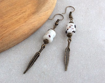 Feather Earrings, Bronze Leverback Earrings, Bronze Feather UK, Brown and White Earrings, Tribal Earrings, Hippy Festival