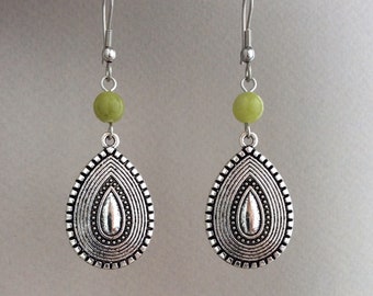 Green Drop Earrings, Pastel, Jade Green, Teardrop Earrings, Sterling Silver, Boho, Bohemian Earrings, Shield Earrings, Waterdrop, Lime, Pear