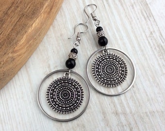 Silver Disc Earrings, Boho Drops, Turquoise Beads, Ethnic Style, Bohemian Jewellery, Mandala Design, Ornate Dangly Earrings, Lever back, UK