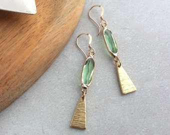 Gold Drop Earrings, Green Glass Bead, Elegant Earrings, Brass Dangles, Geometric, Bohemian, Boho, Green, 14K Gold Wires, Hypoallergenic, UK